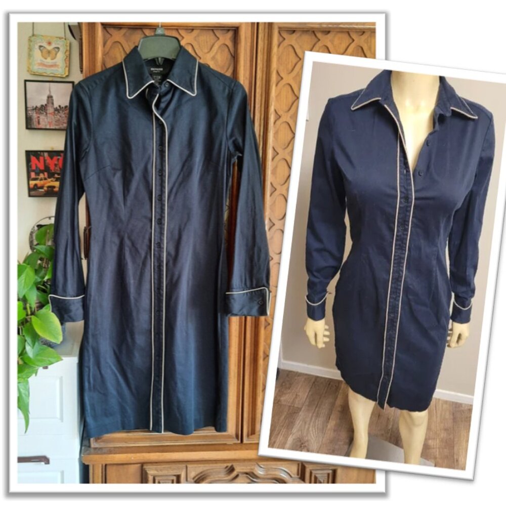 EXPRESS Vintage Black Button-Down Collared Business Dress - Black, Size 6